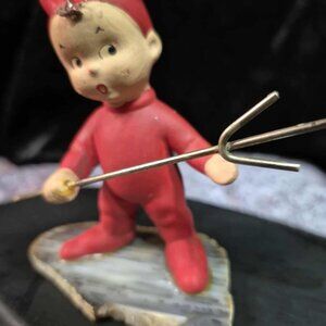 RARE Devil Pixie Elf Miniature 1950s Cutie With Pitchfork On Stand - Japan